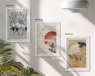 Conjunto de 3 quadros decorativos com ilustrações de garças japonesas em estilo japandi
