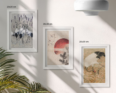 Conjunto de 3 quadros decorativos Ilustrações de garças japonesas em paisagens japandi