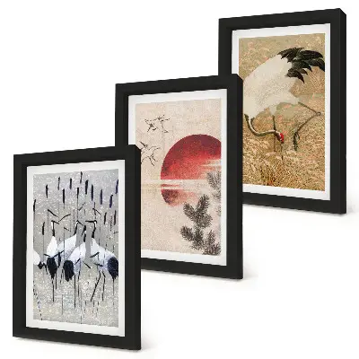 Conjunto de 3 quadros decorativos com ilustrações de garças japonesas em estilo japandi