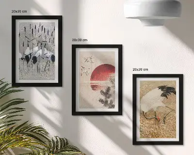 Conjunto de 3 quadros decorativos com ilustrações de garças japonesas em estilo japandi