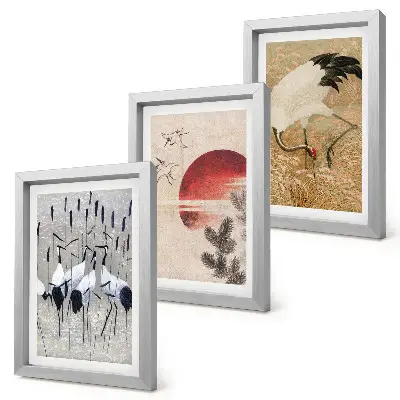 Conjunto de 3 quadros decorativos com ilustrações de garças japonesas em estilo japandi