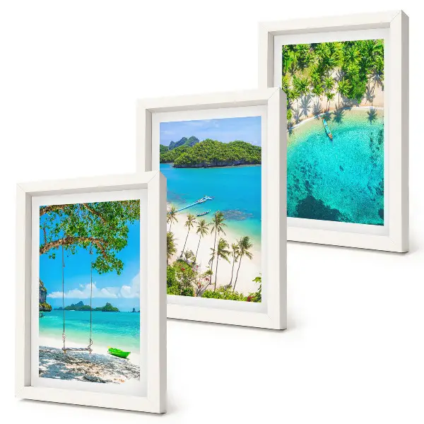 Conjunto de 3 quadros decorativos de praias tropicais com palmeiras e águas cristalinas
