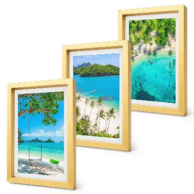 Conjunto de 3 quadros decorativos de praias tropicais com palmeiras e águas cristalinas