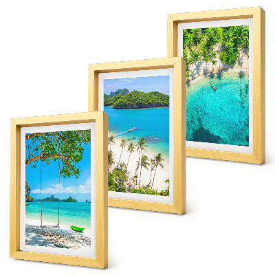 Conjunto de 3 quadros decorativos Praias tropicais com palmeiras e águas cristalinas.