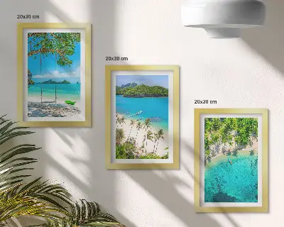Conjunto de 3 quadros decorativos de praias tropicais com palmeiras e águas cristalinas