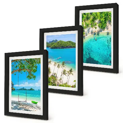 Conjunto de 3 quadros decorativos de praias tropicais com palmeiras e águas cristalinas