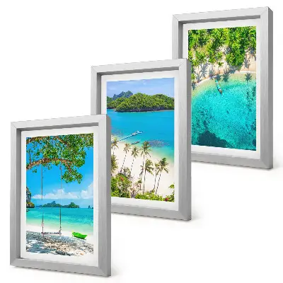 Conjunto de 3 quadros decorativos de praias tropicais com palmeiras e águas cristalinas