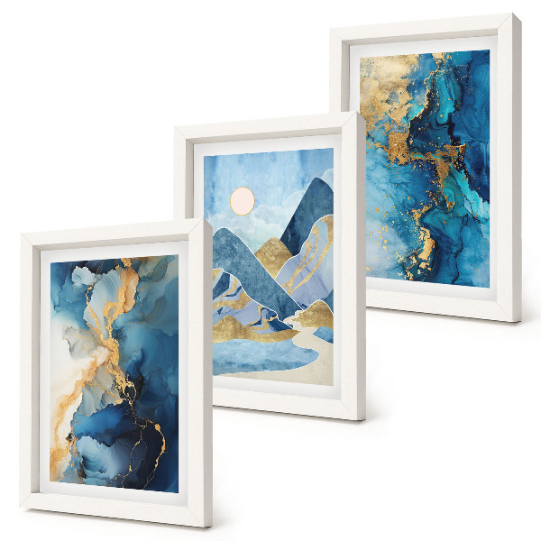 Conjunto de molduras com imagens Montanhas azuis com elementos de padrões abstratos
