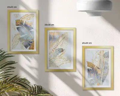 Conjunto de 3 quadros decorativos com estampas de folhas em tons de azul e bege sobre fundo claro