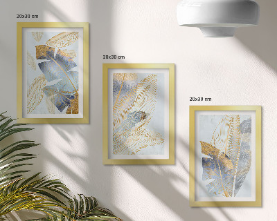 Conjunto de 3 quadros decorativos Folhas em tons de azul e bege sobre um fundo claro.