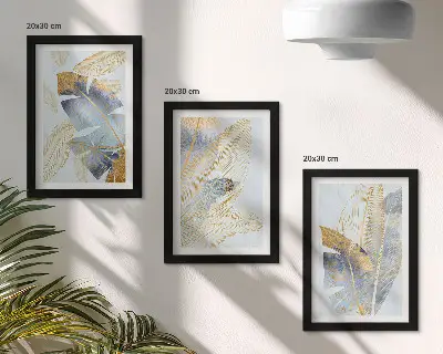 Conjunto de 3 quadros decorativos com estampas de folhas em tons de azul e bege sobre fundo claro