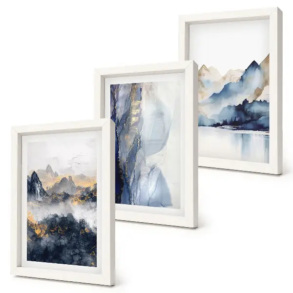 Conjunto de molduras com imagens paisagens montanhosas em tons de azul e cinza
