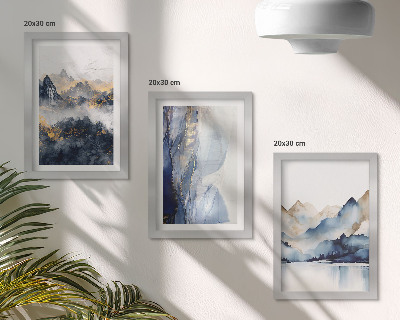 Conjunto de molduras com imagens Paisagens montanhosas com tons de azul e cinza.