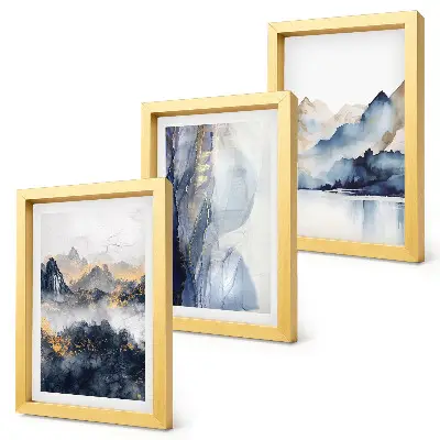 Conjunto de molduras com imagens paisagens montanhosas em tons de azul e cinza