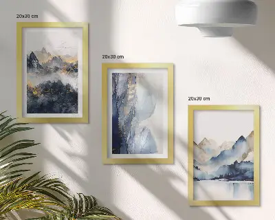 Conjunto de molduras com imagens paisagens montanhosas em tons de azul e cinza