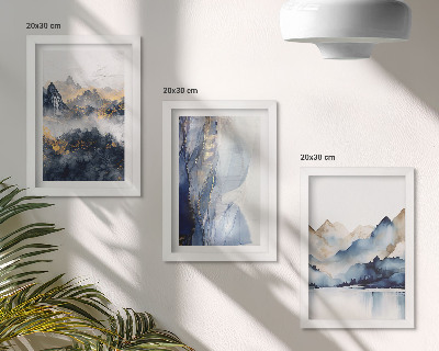 Conjunto de molduras com imagens Paisagens montanhosas com tons de azul e cinza.