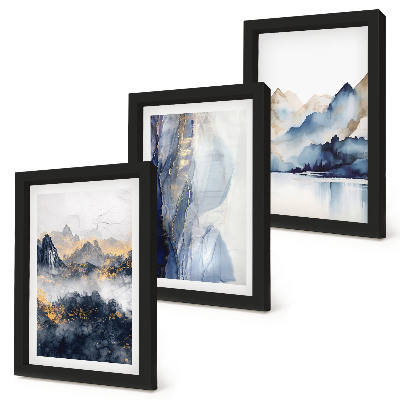 Conjunto de molduras com imagens Paisagens montanhosas com tons de azul e cinza.