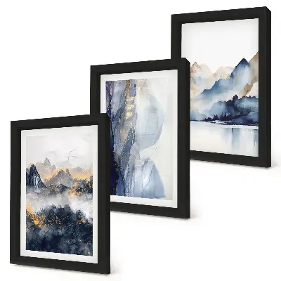 Conjunto de molduras com imagens paisagens montanhosas em tons de azul e cinza