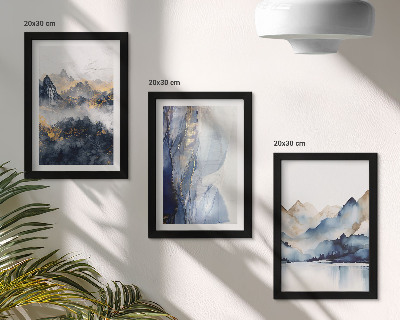 Conjunto de molduras com imagens Paisagens montanhosas com tons de azul e cinza.