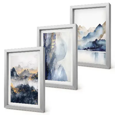 Conjunto de molduras com imagens paisagens montanhosas em tons de azul e cinza