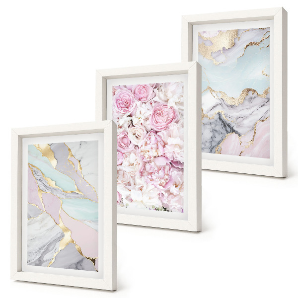 Tríptico com moldura Flores rosa com padrões marmorizados e em tons pastel.