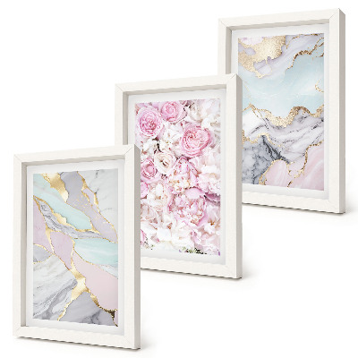 Tríptico com moldura Flores rosa com padrões marmorizados e em tons pastel.