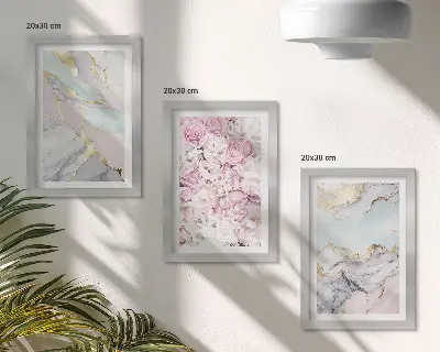 Tríptico com moldura flores rosa com padrões marmorizados em tons pastel