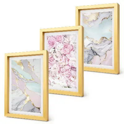 Tríptico com moldura flores rosa com padrões marmorizados em tons pastel
