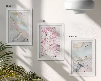 Tríptico com moldura flores rosa com padrões marmorizados em tons pastel