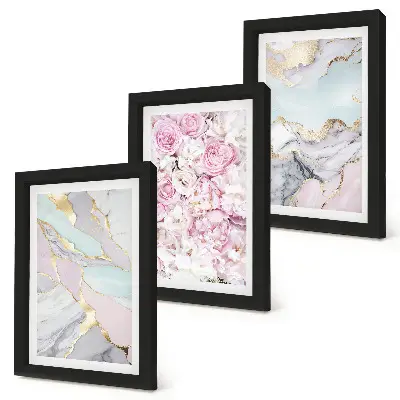 Tríptico com moldura flores rosa com padrões marmorizados em tons pastel
