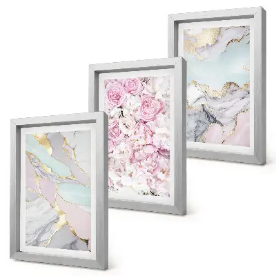 Tríptico com moldura flores rosa com padrões marmorizados em tons pastel