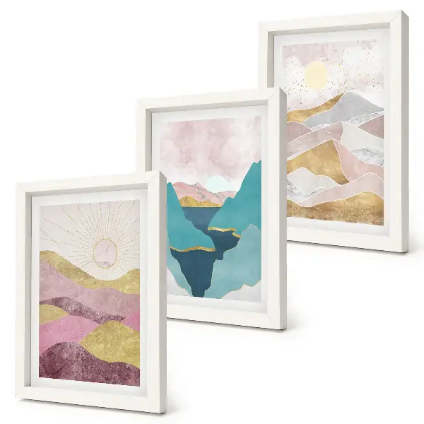 Conjunto de 3 quadros decorativos com paisagens abstratas de montanhas e sol