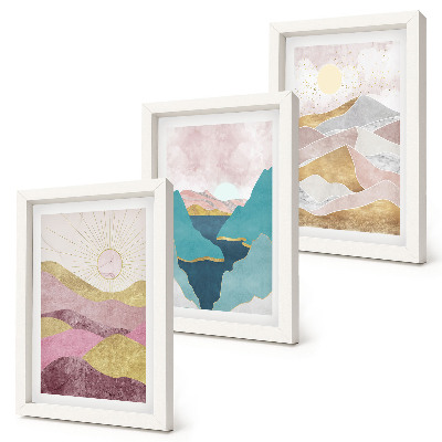 Conjunto de 3 quadros decorativos Paisagens abstratas com montanhas e sol.