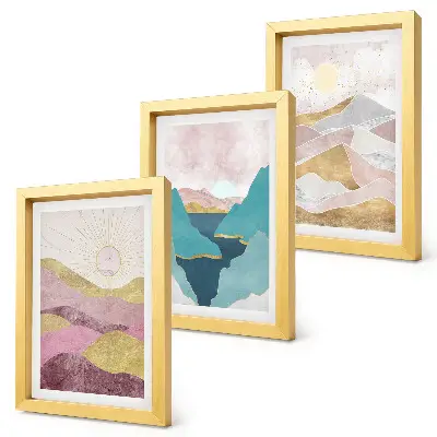 Conjunto de 3 quadros decorativos com paisagens abstratas de montanhas e sol