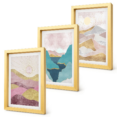 Conjunto de 3 quadros decorativos Paisagens abstratas com montanhas e sol.
