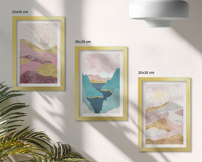 Conjunto de 3 quadros decorativos Paisagens abstratas com montanhas e sol.