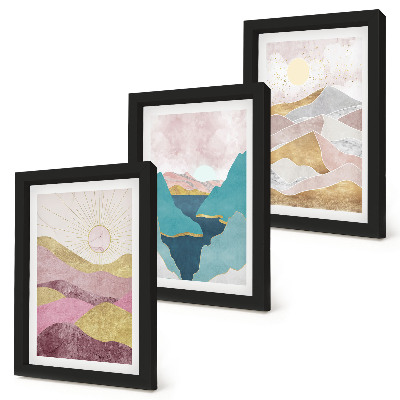 Conjunto de 3 quadros decorativos Paisagens abstratas com montanhas e sol.