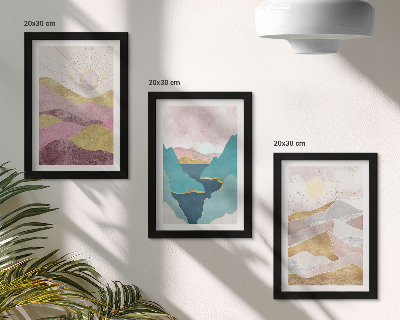 Conjunto de 3 quadros decorativos Paisagens abstratas com montanhas e sol.