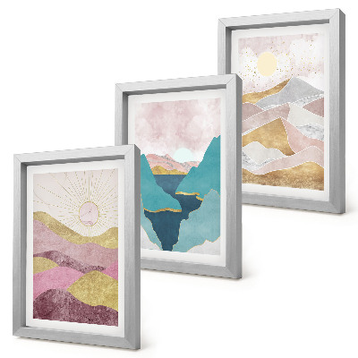Conjunto de 3 quadros decorativos Paisagens abstratas com montanhas e sol.