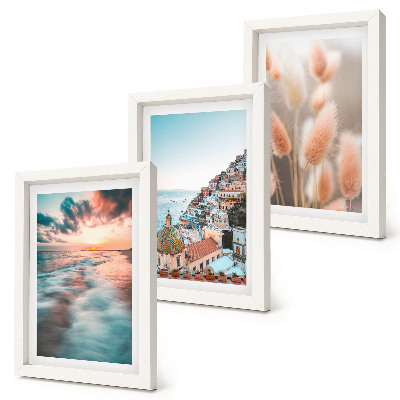 Conjunto de molduras com imagens Vista para o mar, pôr do sol, casas coloridas, flores