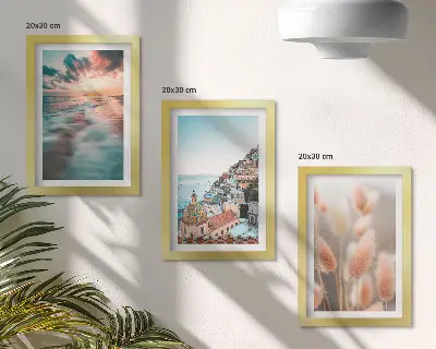 Conjunto de quadros com imagens vista para o mar com pôr do sol, casas coloridas e flores