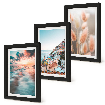 Conjunto de molduras com imagens Vista para o mar, pôr do sol, casas coloridas, flores