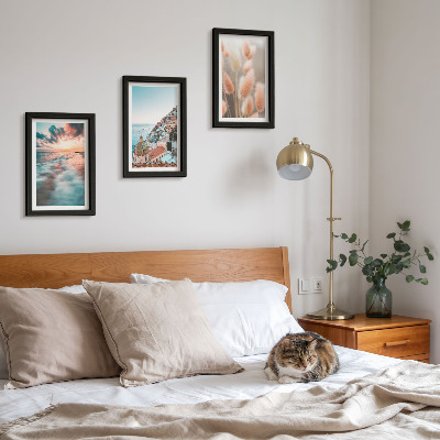 Conjunto de molduras com imagens Vista para o mar, pôr do sol, casas coloridas, flores