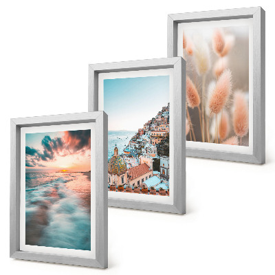 Conjunto de molduras com imagens Vista para o mar, pôr do sol, casas coloridas, flores