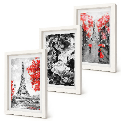 Conjunto de 3 quadros decorativos Pinturas da Torre Eiffel em tons de cinza com detalhes em vermelho.