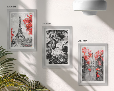 Conjunto de 3 quadros decorativos Pinturas da Torre Eiffel em tons de cinza com detalhes em vermelho.