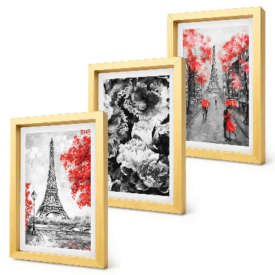 Conjunto de 3 quadros decorativos Pinturas da Torre Eiffel em tons de cinza com detalhes em vermelho.