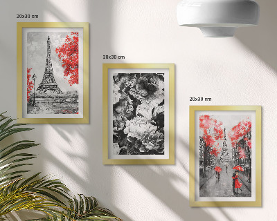 Conjunto de 3 quadros decorativos Pinturas da Torre Eiffel em tons de cinza com detalhes em vermelho.