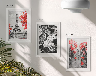 Conjunto de 3 quadros decorativos Pinturas da Torre Eiffel em tons de cinza com detalhes em vermelho.