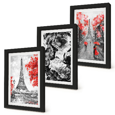 Conjunto de 3 quadros decorativos Pinturas da Torre Eiffel em tons de cinza com detalhes em vermelho.